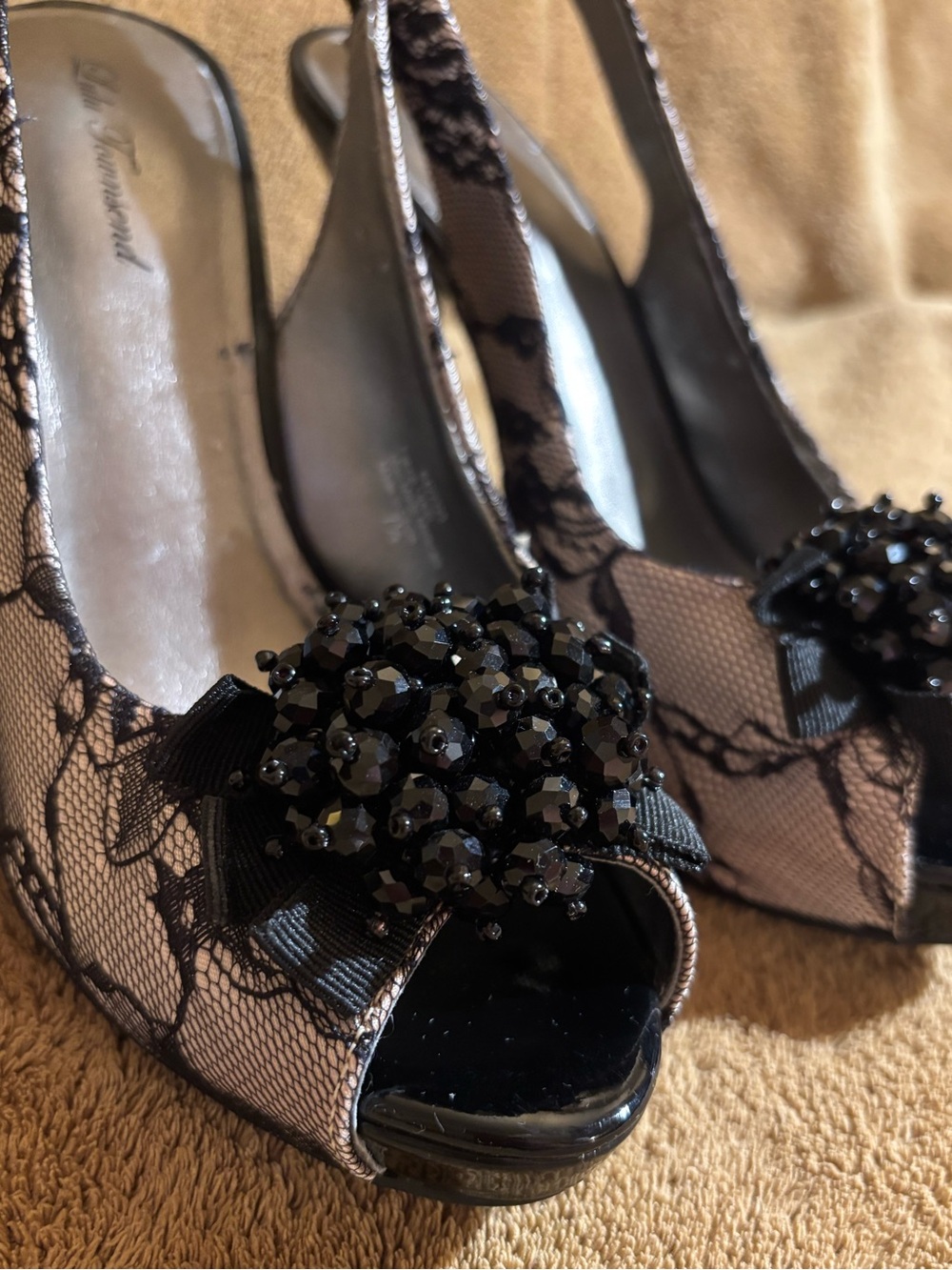 Lulu Townsend Black Lace Peep-Toe Slingback Heels with Beaded Rosette